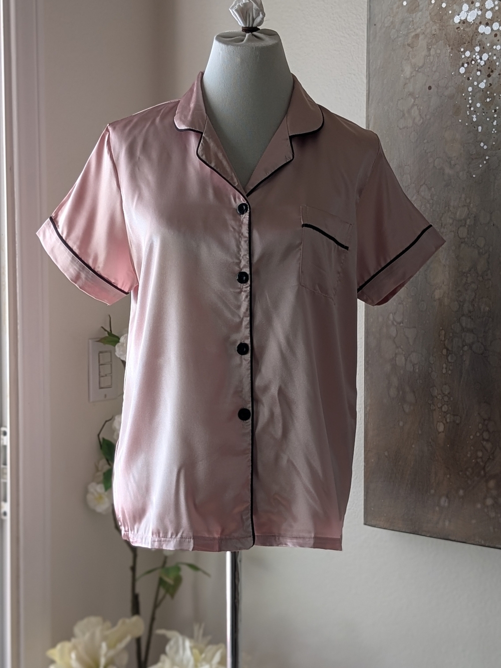 Women's Short Sleeve Satin Pajama Top in Blush Pink with Black Trim